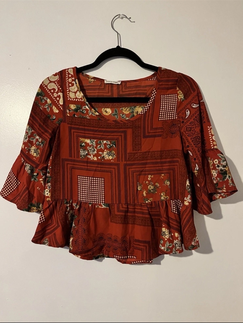Patchwork BOHO Floral Rust Peplum Blouse